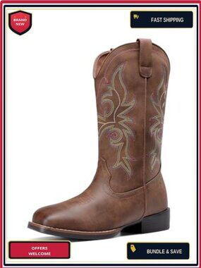 Embroidered Square Toe Mid Calf Cowgirl Boots | Chunky Low Heel Faux Leather